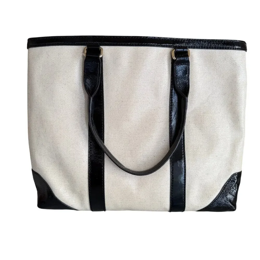 Kate Spade Clinton Hill Dama Tote Bag Cream Tweed Black Patent Leather